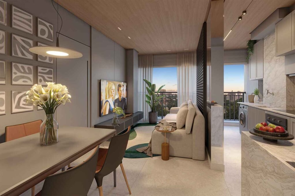 Perspectiva ilustrada do living do apto. 59 m²