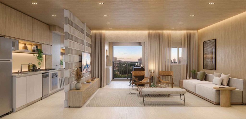 Perspectiva ilustrada do living ampliado - apto. 89 m²