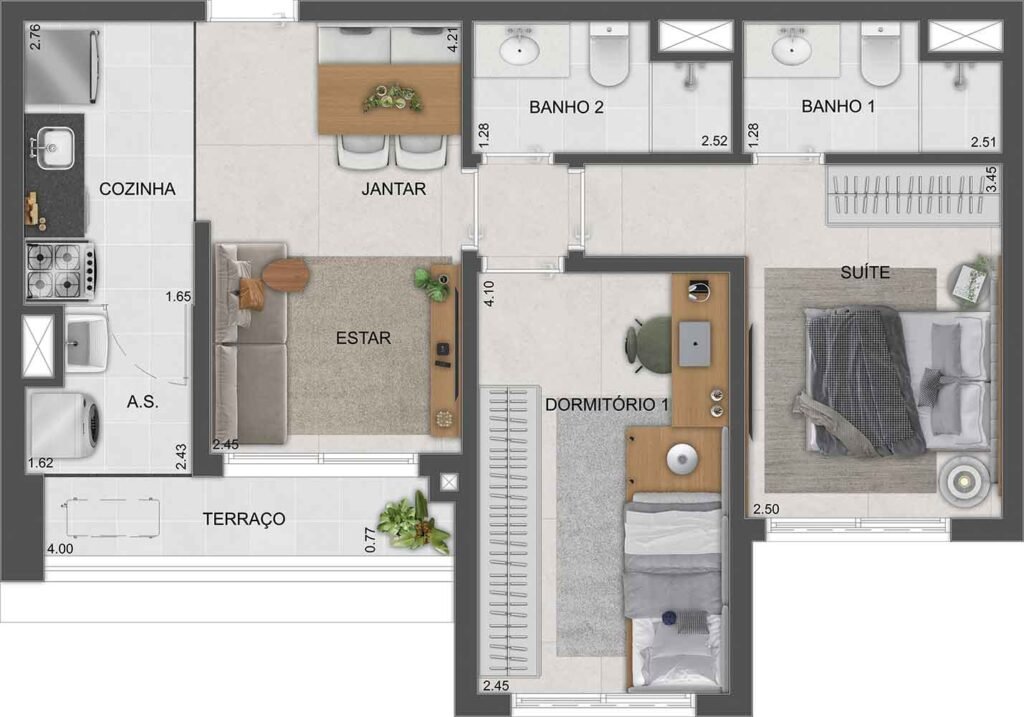 Planta tipo do apto. de 59 m² - 2 dorms.