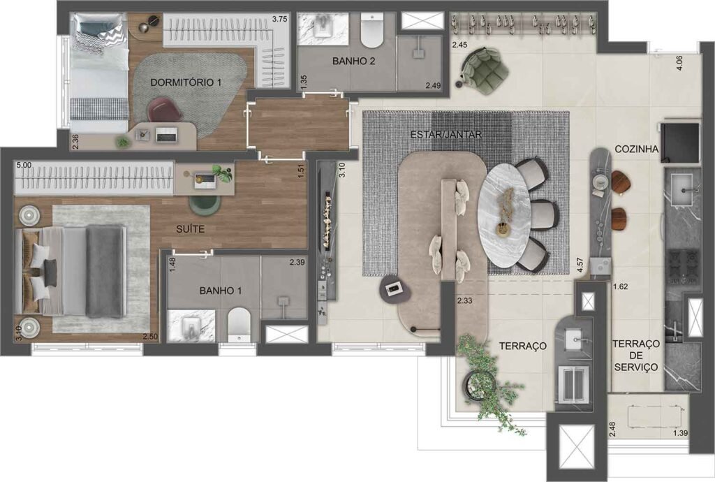 Planta opção do apto. de 76 ou 79 m² - 2 dorms.