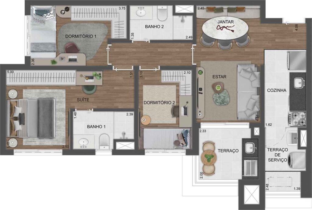 Planta tipo do apto. de 76 ou 79 m² - 3 dorms.