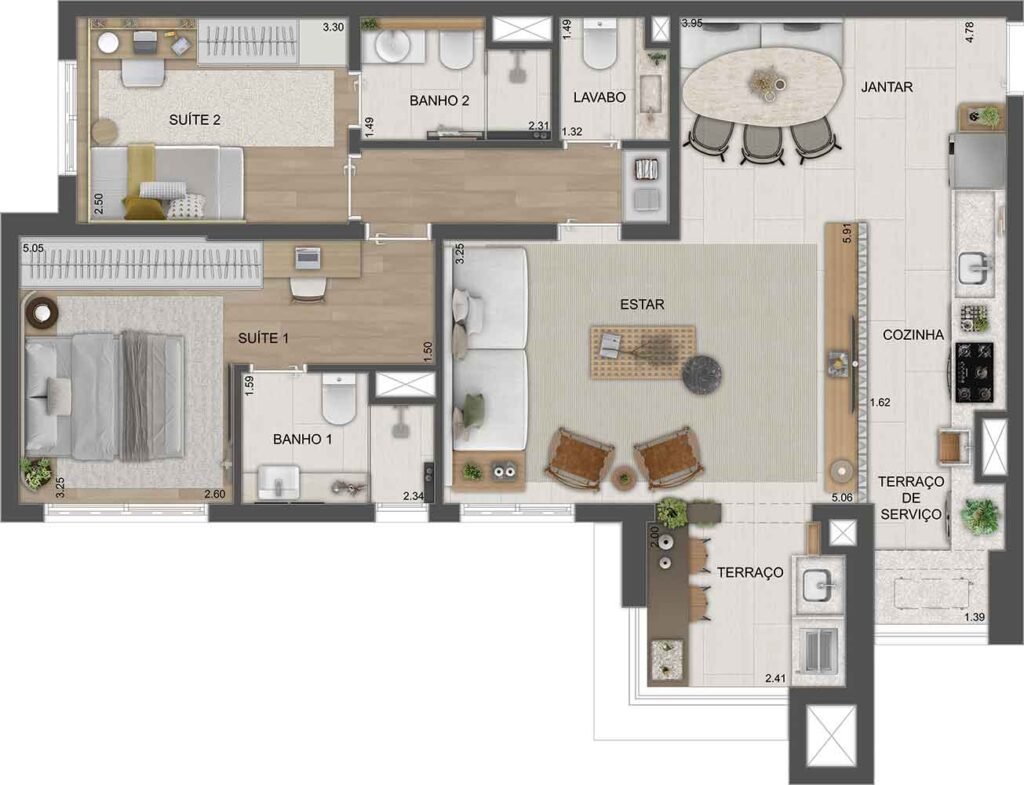 Planta opção do apto. de 89 m² - 2 dorms.
