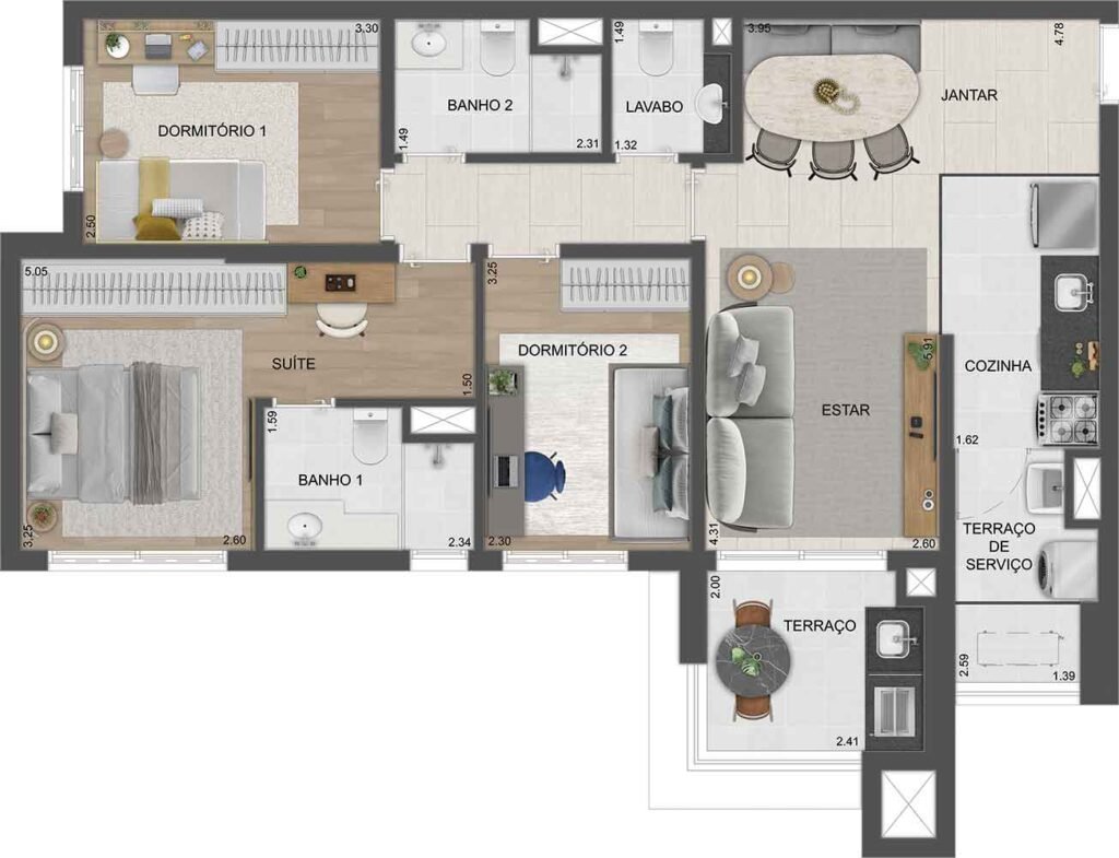 Planta tipo do apto. de 89 m² - 3 dorms.